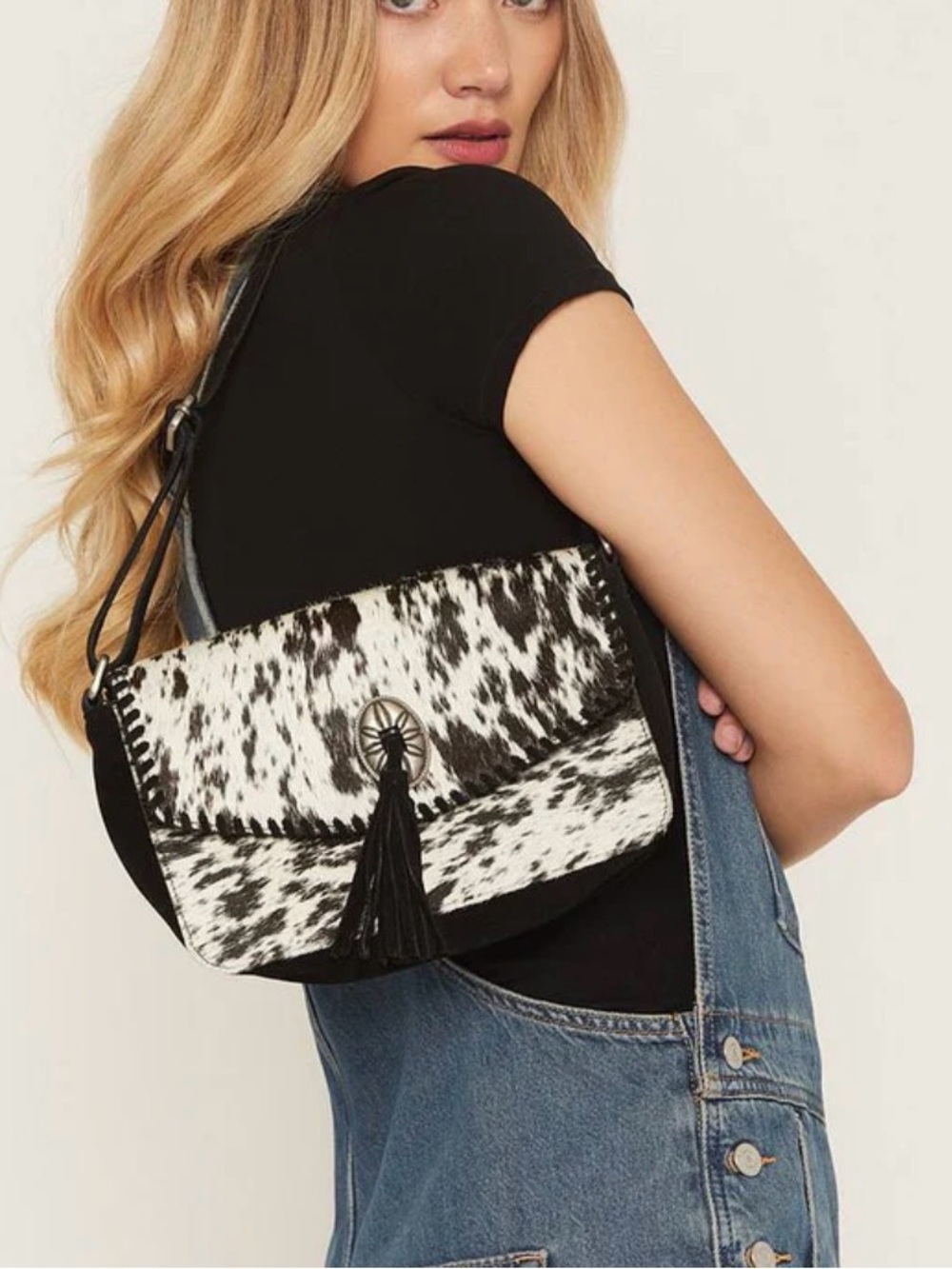 Shyanne Briar Black & White Cowhide Crossbody Bag with Tassel
